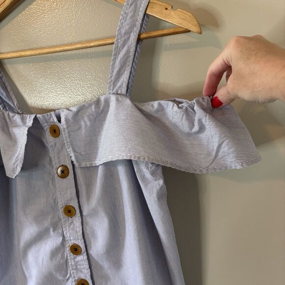 Maeve Anthropologie Blue Pinstripe Top Off The Shoulder Ruffle Button Tank Sz 4 - Picture 3 of 8